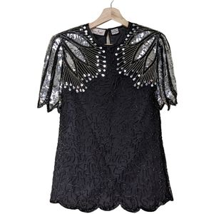 Laurence Kazar Vintage Sequin Blouse 1980s Beaded Silk Black Silver Top Small